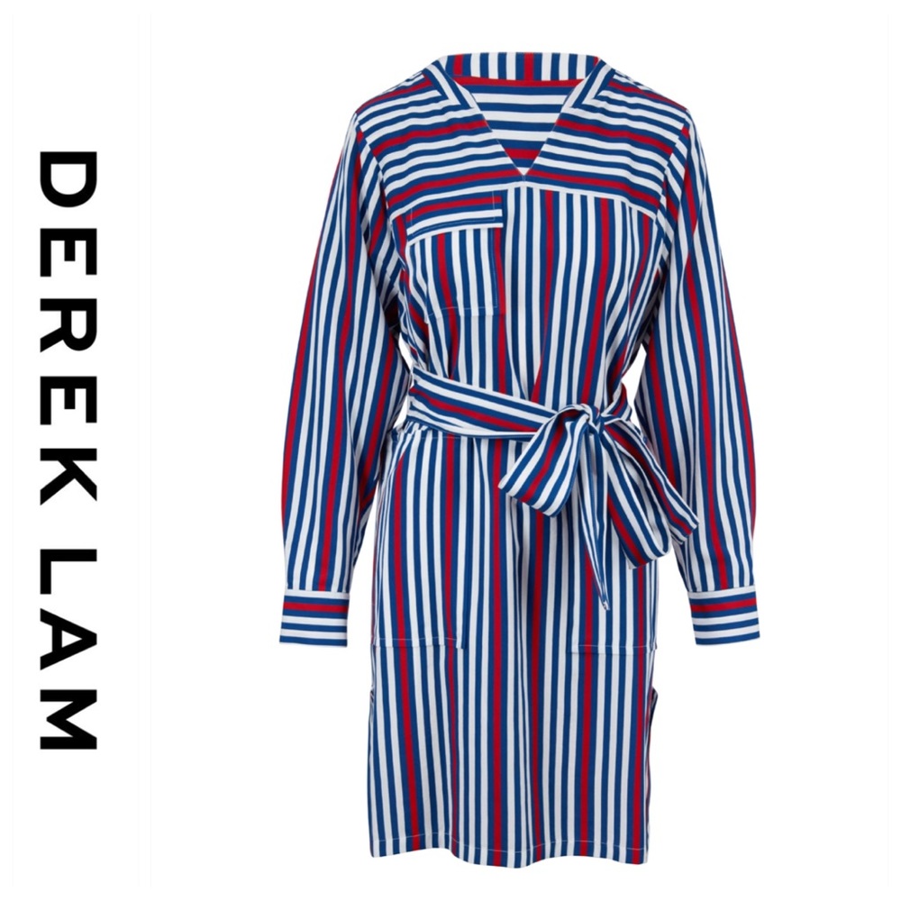 💕SALE💕NWT Derek Lam Red Striped Tie Shirt Dress - Picture 2 of 9